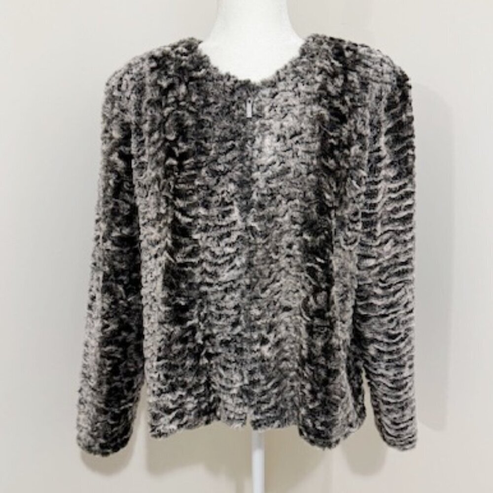 Soft Works Black & Gray Faux Fur Long Sleeve Zip Front Jacket Women's L